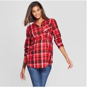 Maternity Red Plaid Flannel Collared Tunic